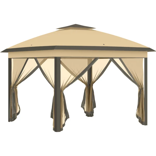 Outsunny 330cm x 330cm Pop Up Canopy, Double Roof Foldable Canopy Tent with Zippered Mesh Sidewalls, Height Adjustable, Beige